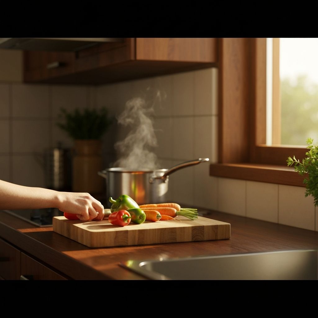 Kitchen scene with fresh vegetables being prepared on a wooden board