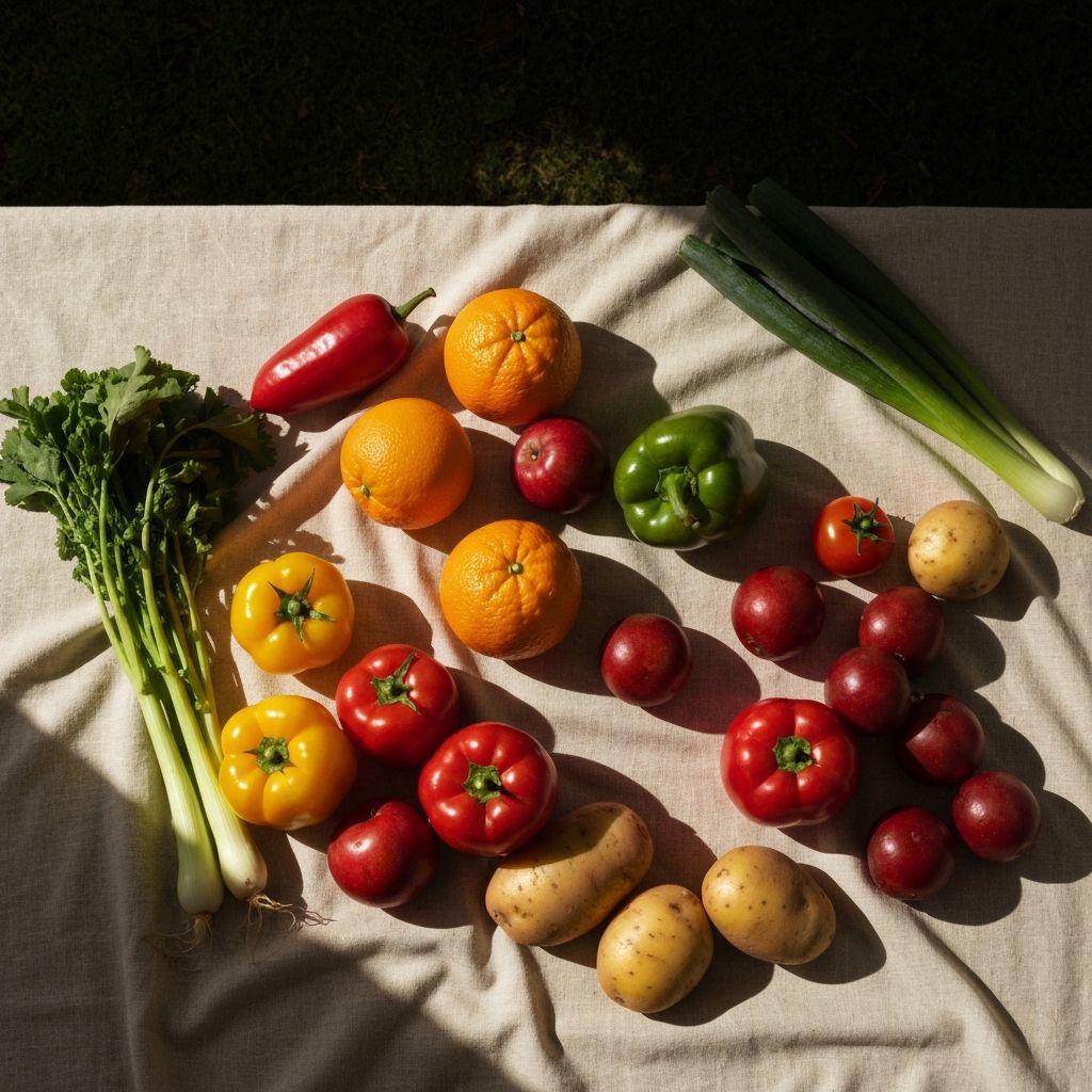 Colorful array of fresh fruits and vegetables on a linen cloth