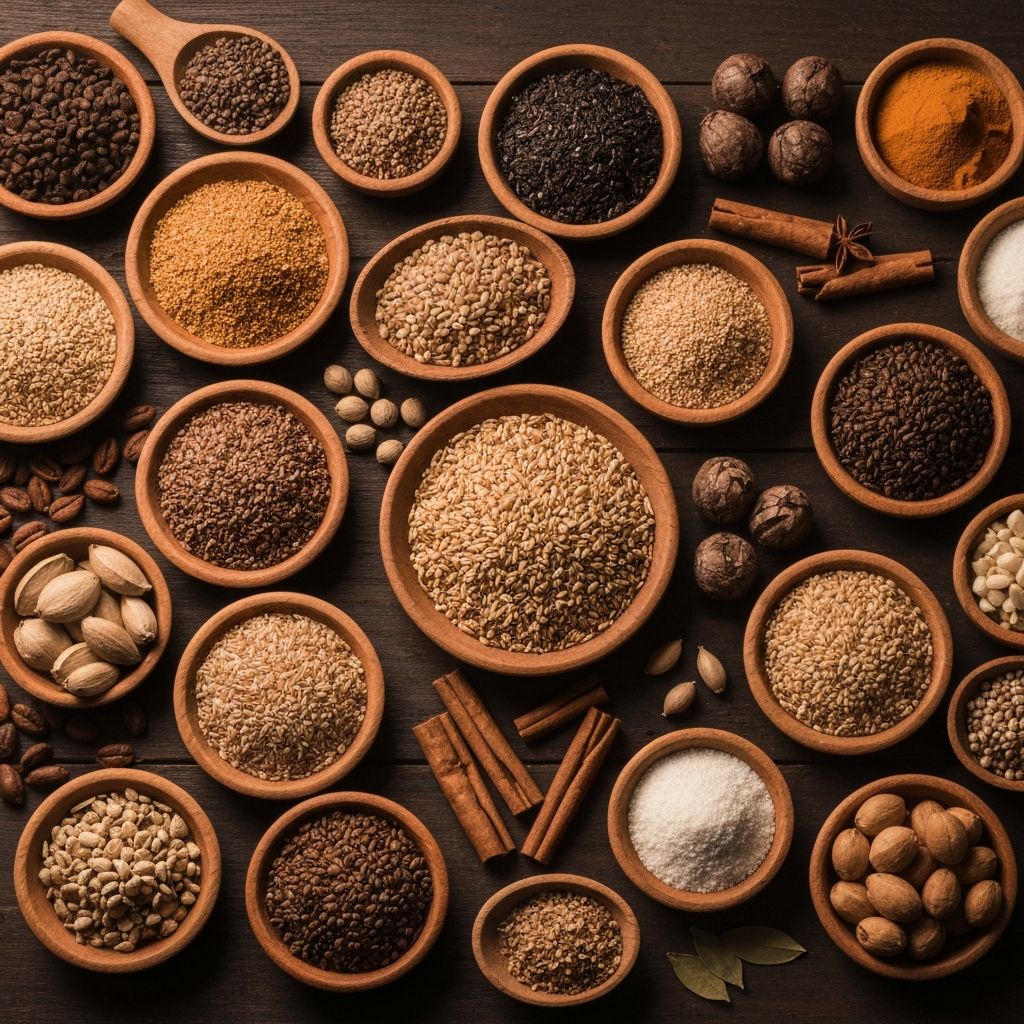 Diverse traditional foods from various cultures arranged harmoniously on a dark wooden surface