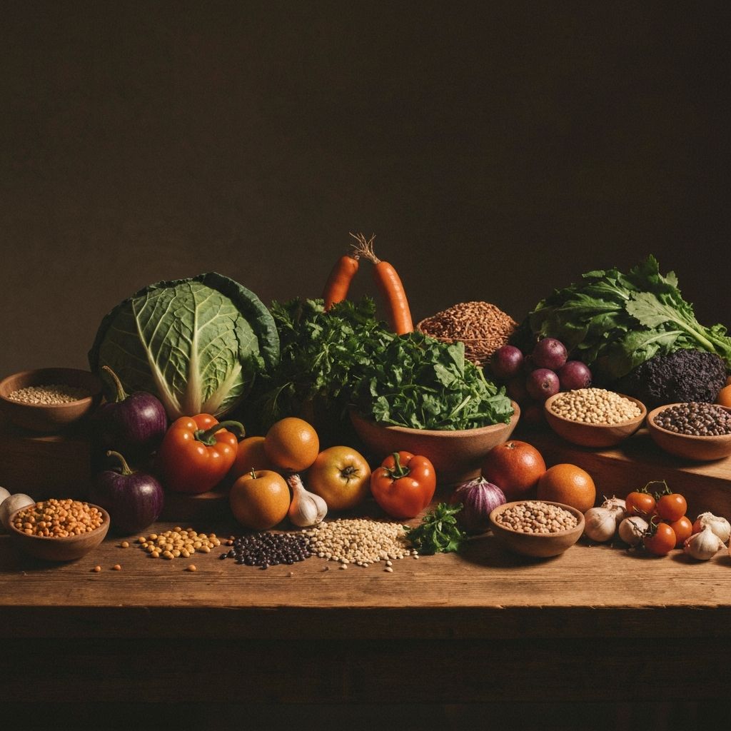 Fresh whole vegetables, fruits, grains and legumes arranged on a wooden table