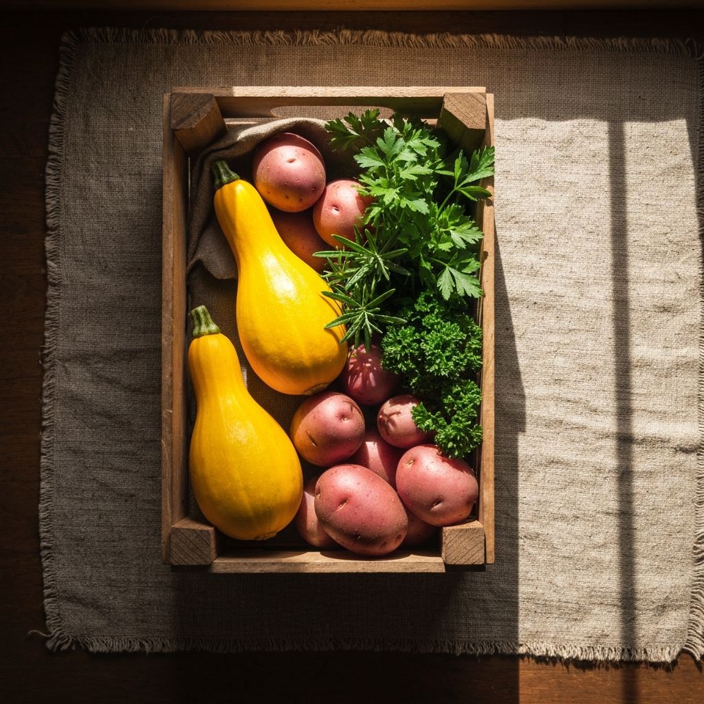 Wooden crate filled with seasonal mixed vegetables and herbs
